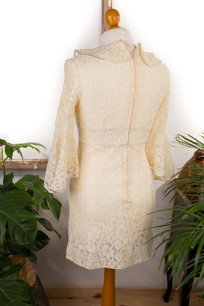60s Minikleid creme Spitze 60er 70er Abendmode beige Boho Disco Frau Hippie Mod real-boho real-disco Rockabilly Schlager Special weiß XS 32-34 vintageberlin.de