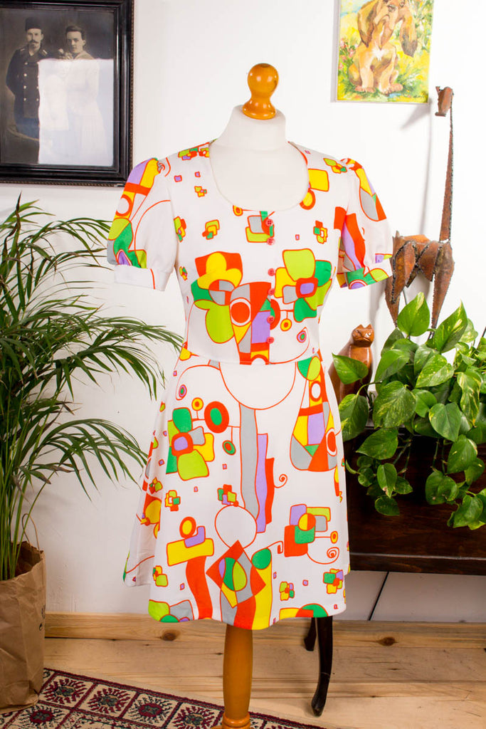 Minikleid bunt gemustert 60er 70er Disco Frau Hippie real-disco real-schlager S 36-38 Schlager Special weiß vintageberlin.de