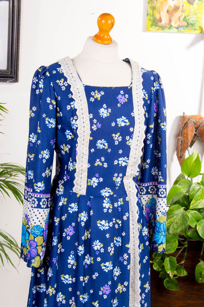 Maxikleid blau Blumen 60er 70er Abendmode blau Boho bunt Disco Frau Hippie M 40-42 real-boho S 36-38 Schlager Special vintageberlin.de