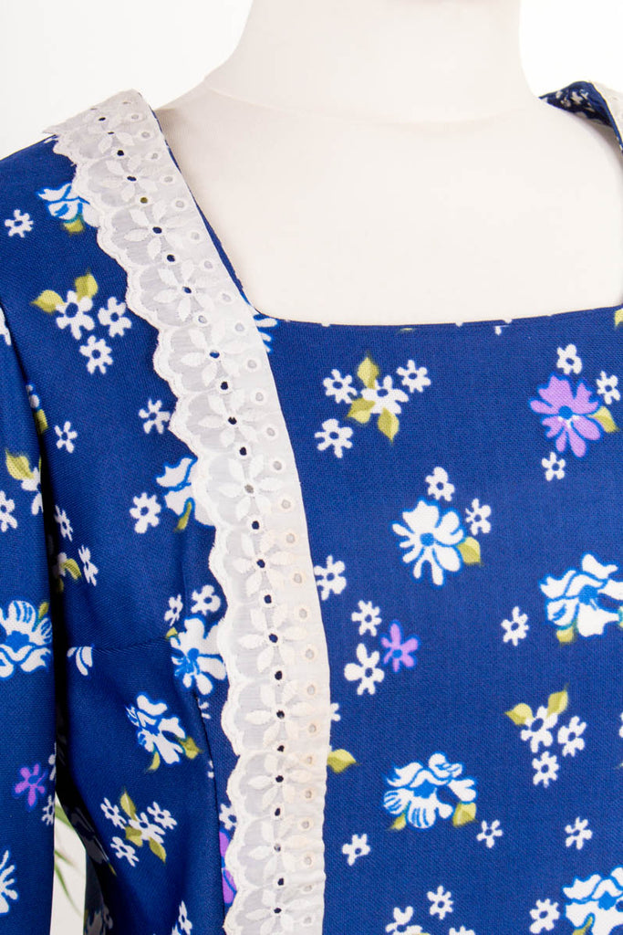 Maxikleid blau Blumen 60er 70er Abendmode blau Boho bunt Disco Frau Hippie M 40-42 real-boho S 36-38 Schlager Special vintageberlin.de