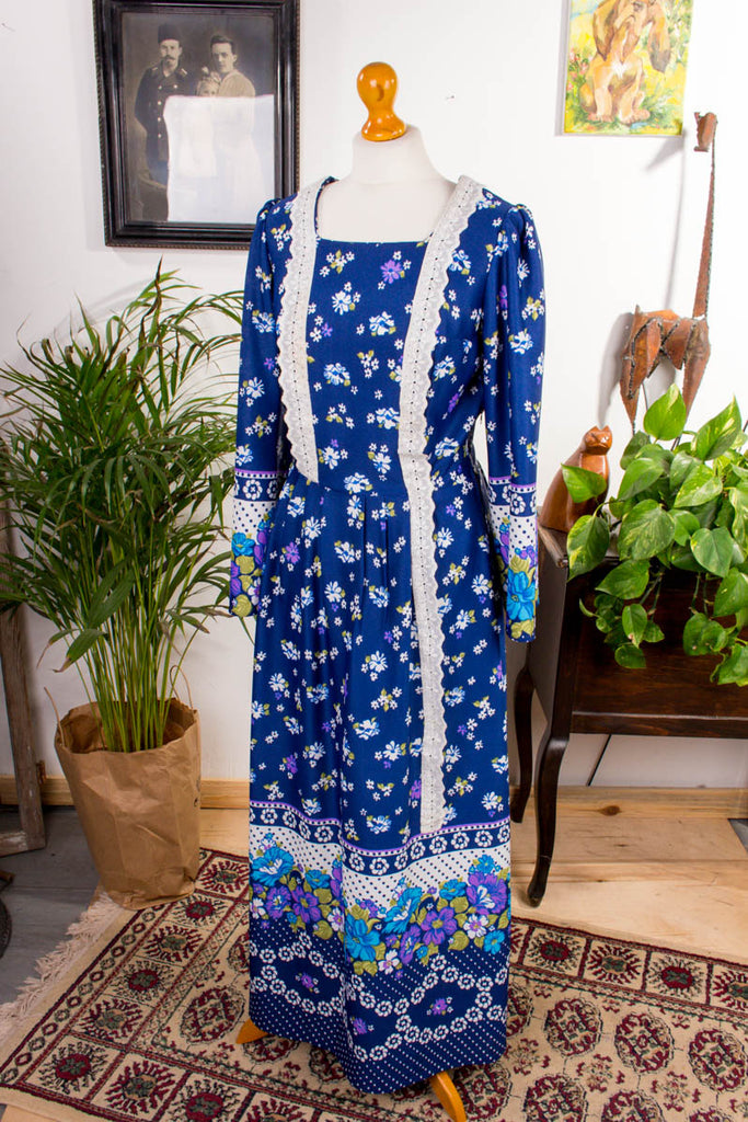 Maxikleid blau Blumen 60er 70er Abendmode blau Boho bunt Disco Frau Hippie M 40-42 real-boho S 36-38 Schlager Special vintageberlin.de