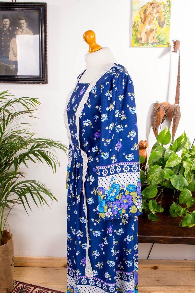 Maxikleid blau Blumen 60er 70er Abendmode blau Boho bunt Disco Frau Hippie M 40-42 real-boho S 36-38 Schlager Special vintageberlin.de