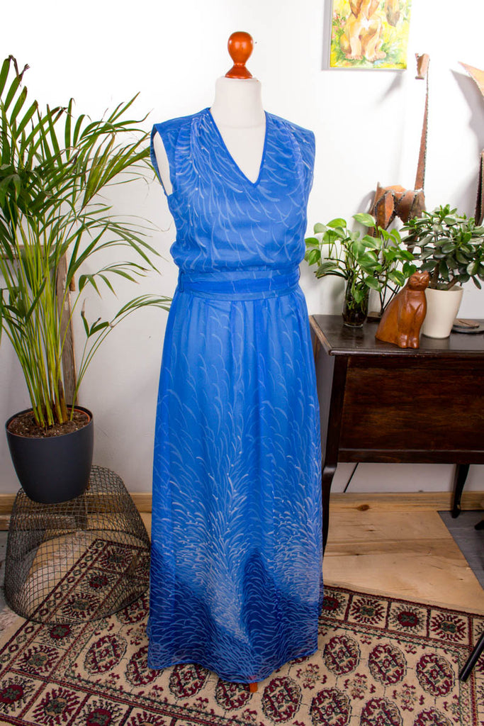 Maxikleid blau Chiffon 70er 80er Abendmode blau Boho Frau Hippie S 36-38 vintageberlin.de