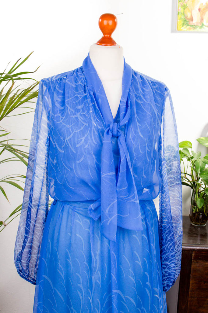 Maxikleid blau Chiffon 70er 80er Abendmode blau Boho Frau Hippie S 36-38 vintageberlin.de