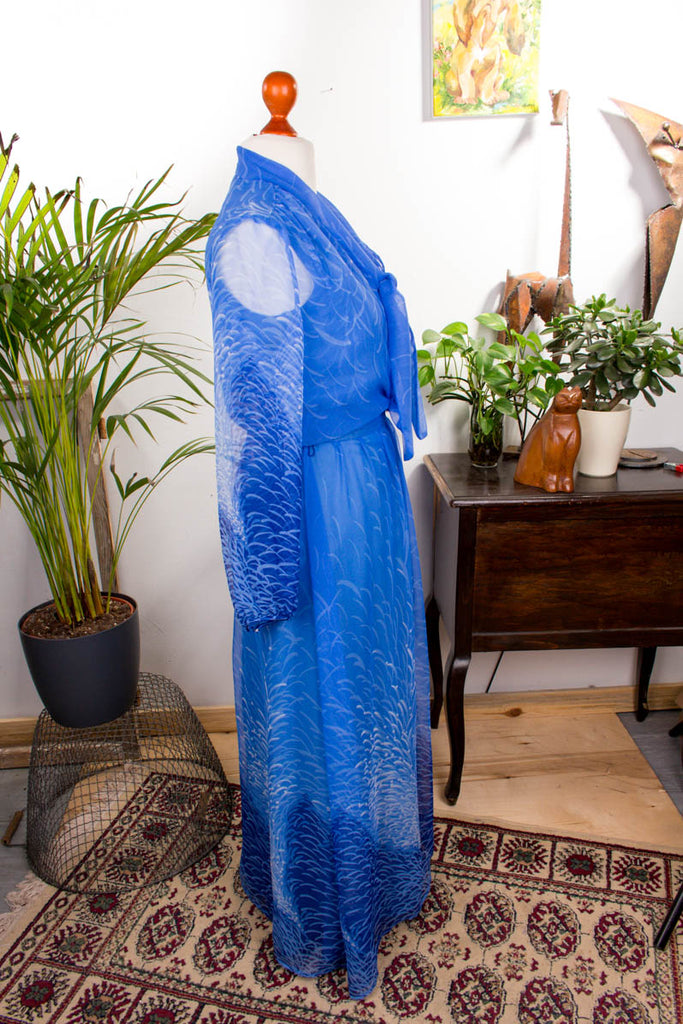Maxikleid blau Chiffon 70er 80er Abendmode blau Boho Frau Hippie S 36-38 vintageberlin.de