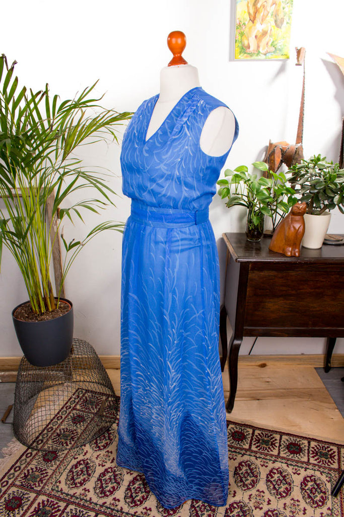 Maxikleid blau Chiffon 70er 80er Abendmode blau Boho Frau Hippie S 36-38 vintageberlin.de