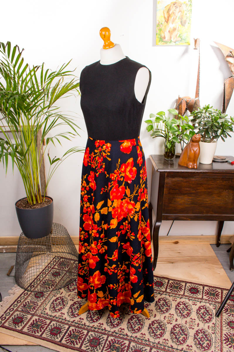Vintage Maxikleid schwarz orange