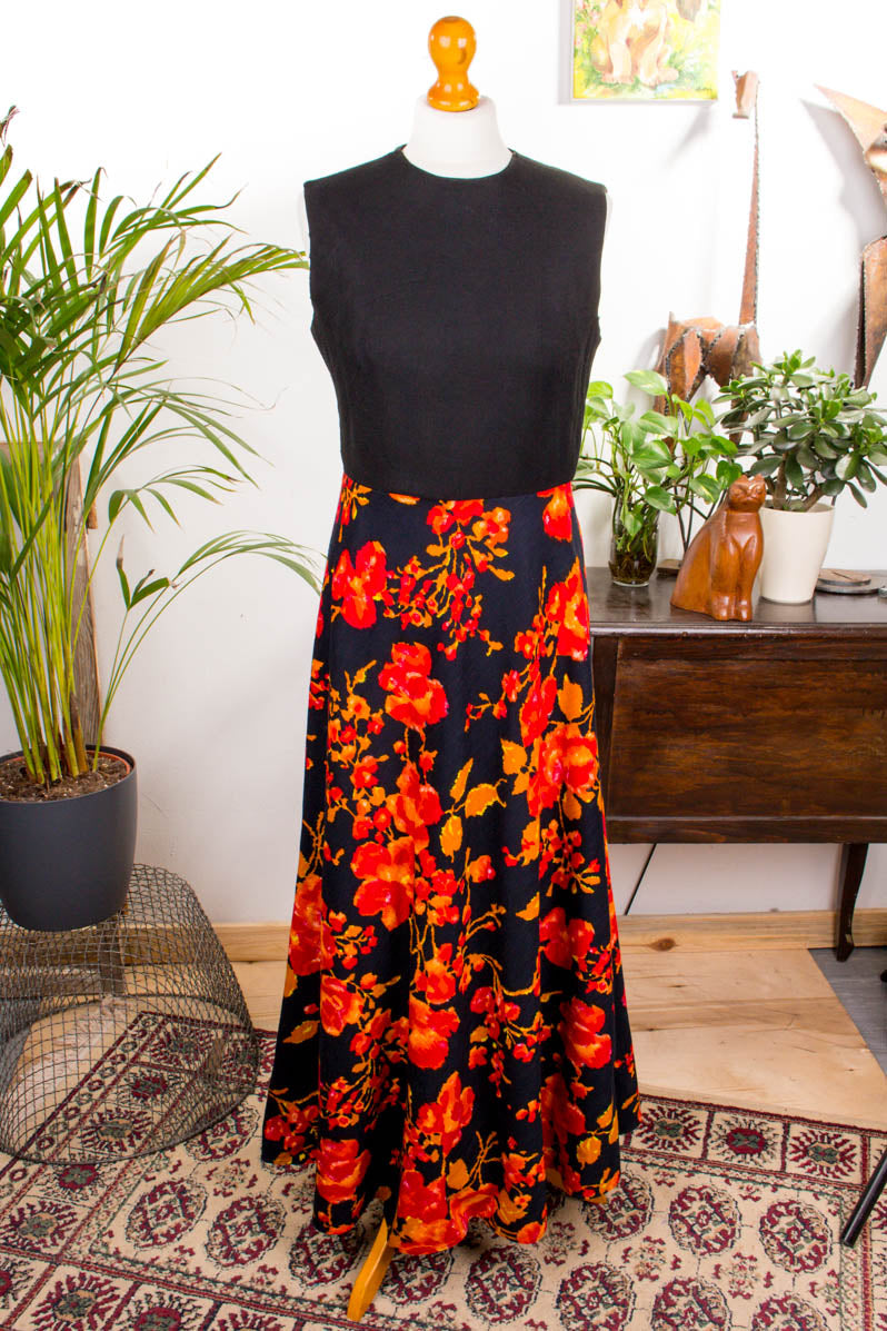 Vintage Maxikleid schwarz orange
