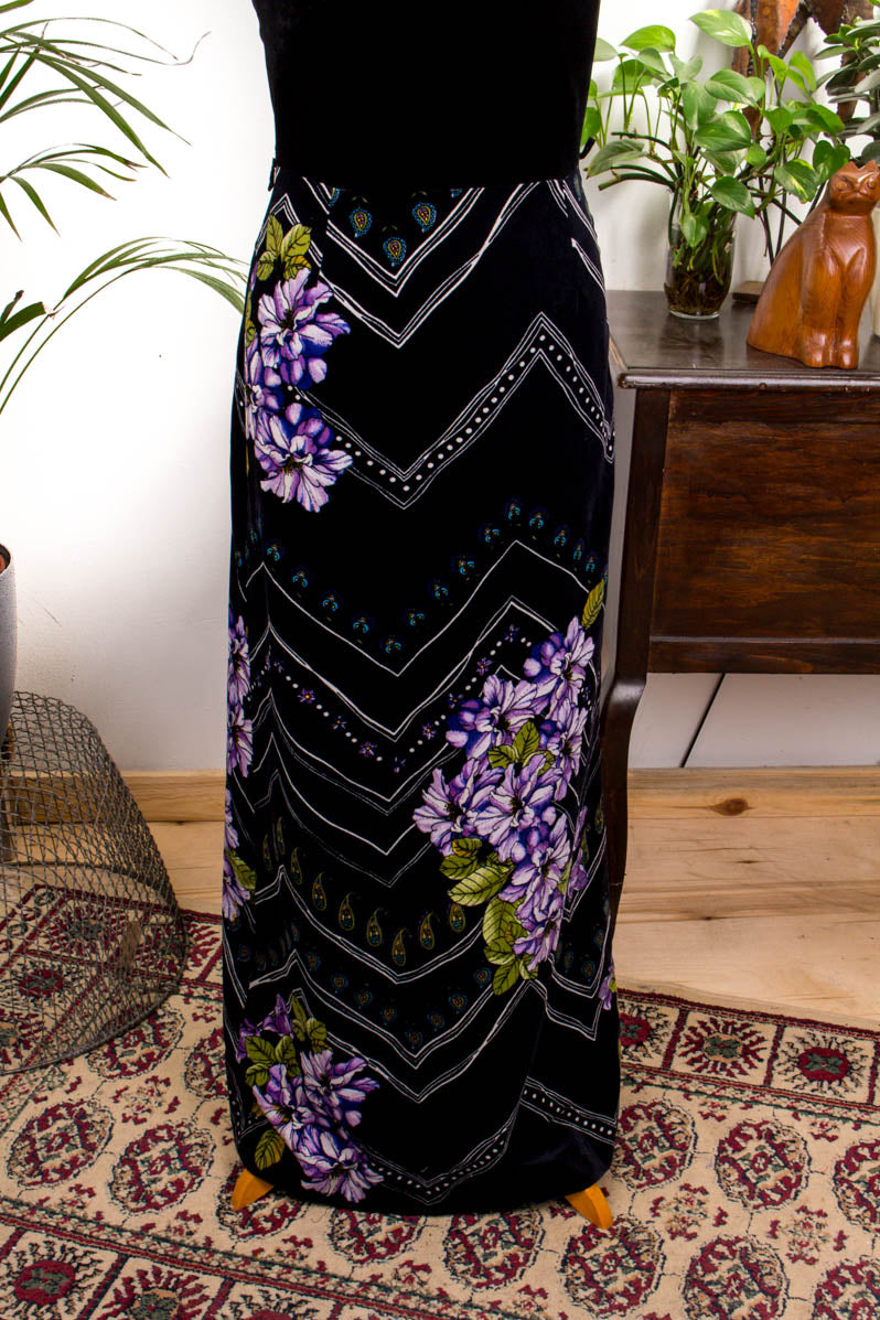 Maxikleid schwarz bunt Samt