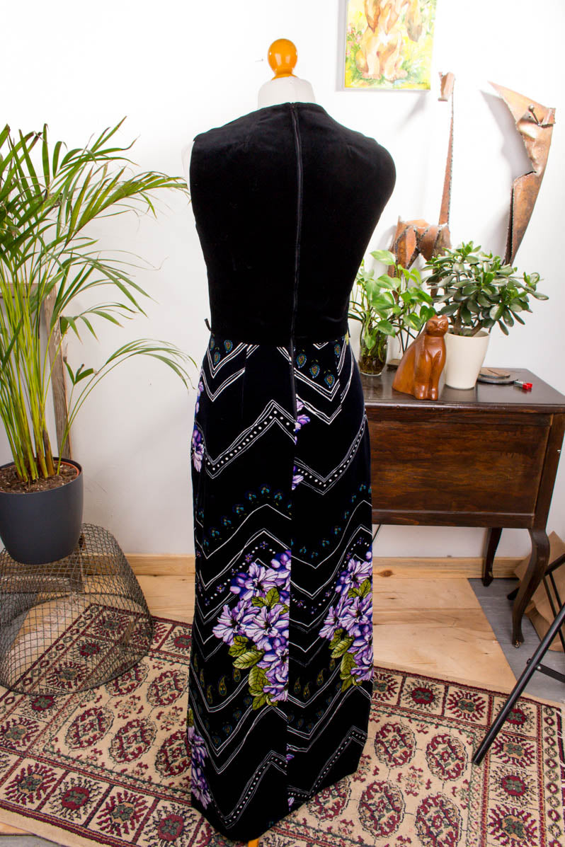 Maxikleid schwarz bunt Samt