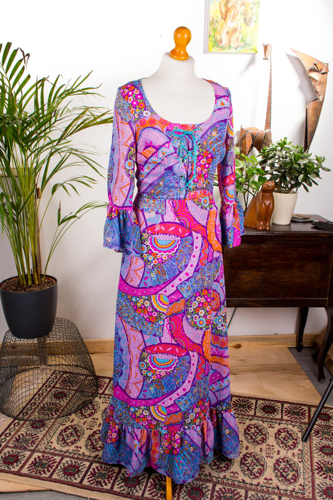 Vintage Hippiekleid leuchtend bunt Default Title 60er 70er Abendmode Boho bunt Disco Frau Hippie lila orange pink real-boho rosa S 36-38 Schlager Special vintageberlin.de