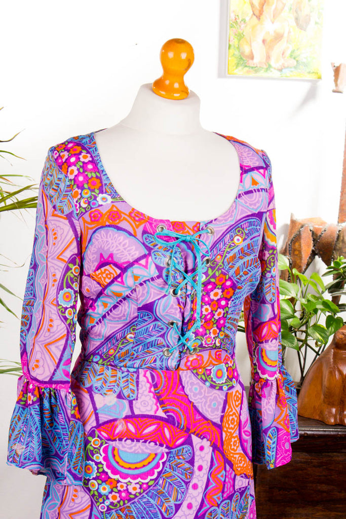 Vintage Hippiekleid leuchtend bunt 60er 70er Abendmode Boho bunt Disco Frau Hippie lila orange pink real-boho rosa S 36-38 Schlager Special vintageberlin.de