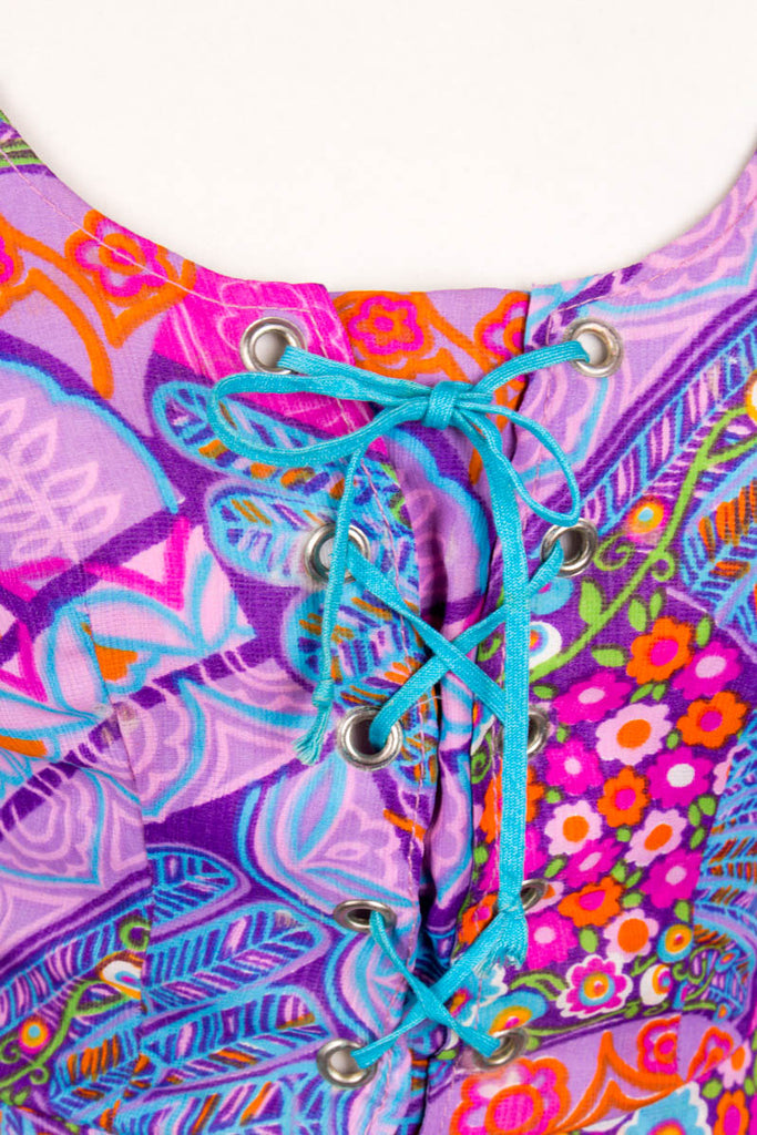 Vintage Hippiekleid leuchtend bunt 60er 70er Abendmode Boho bunt Disco Frau Hippie lila orange pink real-boho rosa S 36-38 Schlager Special vintageberlin.de