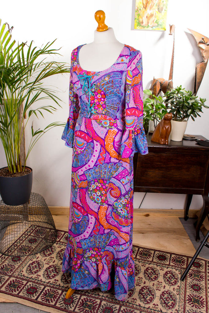 Vintage Hippiekleid leuchtend bunt 60er 70er Abendmode Boho bunt Disco Frau Hippie lila orange pink real-boho rosa S 36-38 Schlager Special vintageberlin.de
