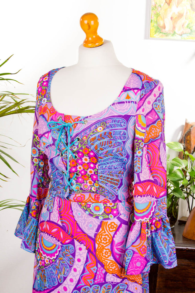 Vintage Hippiekleid leuchtend bunt 60er 70er Abendmode Boho bunt Disco Frau Hippie lila orange pink real-boho rosa S 36-38 Schlager Special vintageberlin.de