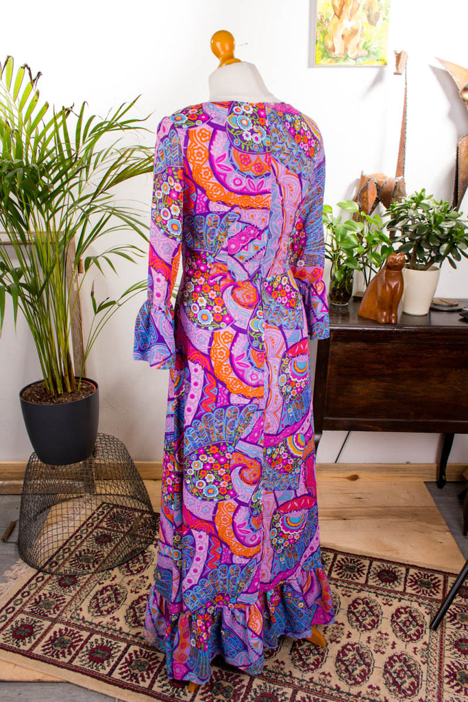 Vintage Hippiekleid leuchtend bunt 60er 70er Abendmode Boho bunt Disco Frau Hippie lila orange pink real-boho rosa S 36-38 Schlager Special vintageberlin.de