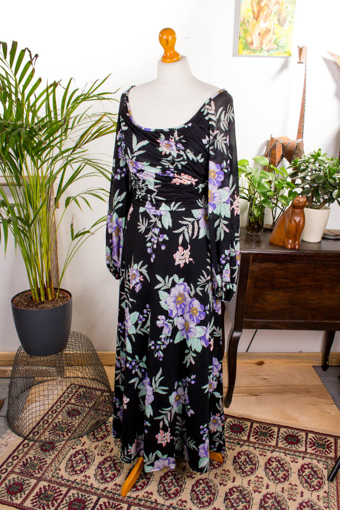 Maxikleid schwarz bunt Blumen 70er 80er Abendmode Boho bunt Frau Hippie real-boho S 36-38 Schlager schwarz vintageberlin.de