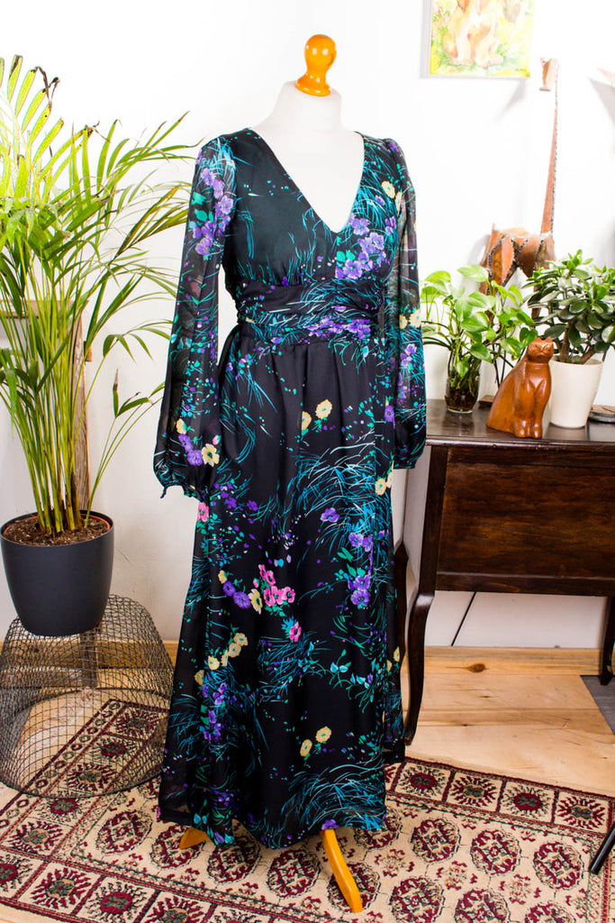 Hippie Flower Power Kleid Default Title 70er Abendmode Boho bunt Frau Hippie M 40-42 real-boho S 36-38 Schlager schwarz Special vintageberlin.de