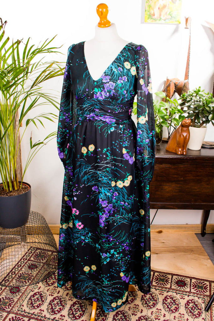 Hippie Flower Power Kleid 70er Abendmode Boho bunt Frau Hippie M 40-42 real-boho S 36-38 Schlager schwarz Special vintageberlin.de