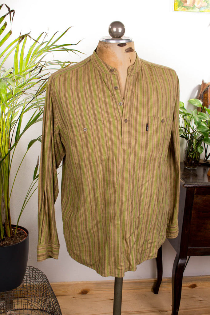 Vintage Baumwollhemd kragenlos Default Title 80er 90er Boho braun grün Hippie L 52-54 M 48-50 Mann vintageberlin.de