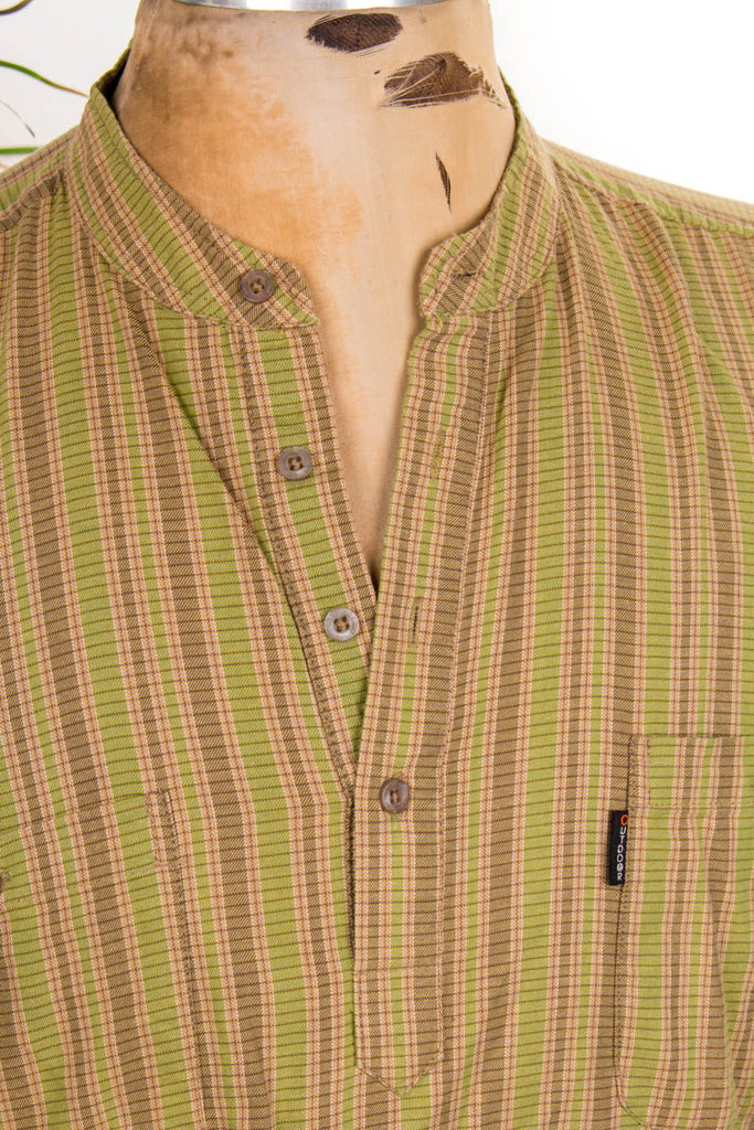 Vintage Baumwollhemd kragenlos 80er 90er Boho braun grün Hippie L 52-54 M 48-50 Mann vintageberlin.de