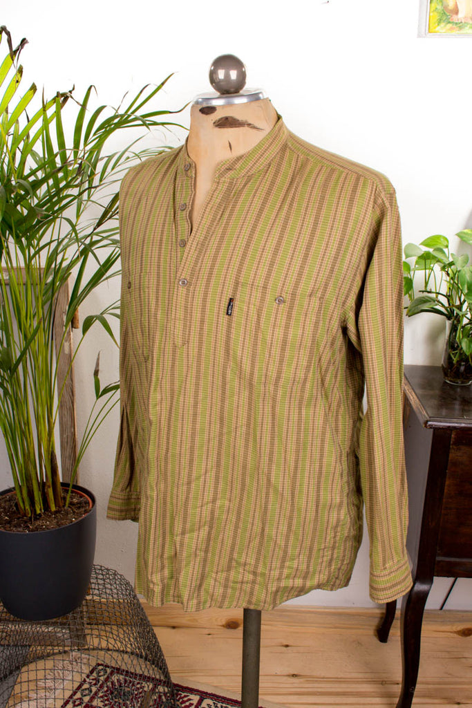Vintage Baumwollhemd kragenlos 80er 90er Boho braun grün Hippie L 52-54 M 48-50 Mann vintageberlin.de