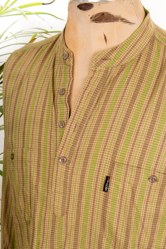 Vintage Baumwollhemd kragenlos 80er 90er Boho braun grün Hippie L 52-54 M 48-50 Mann vintageberlin.de