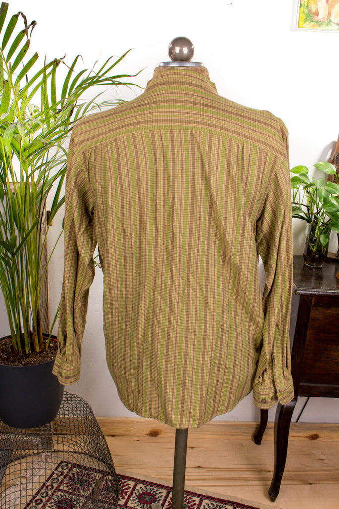 Vintage Baumwollhemd kragenlos 80er 90er Boho braun grün Hippie L 52-54 M 48-50 Mann vintageberlin.de
