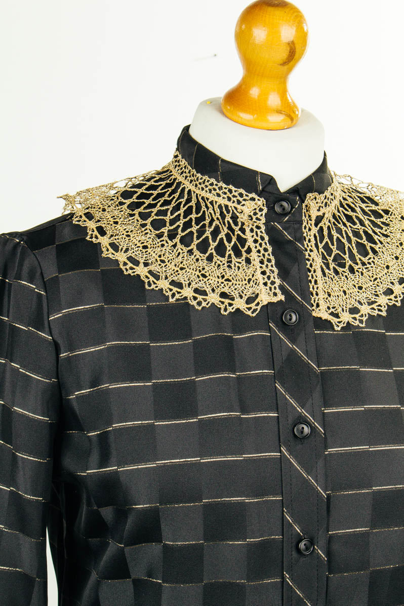 70er Disco Bluse schwarz Gold