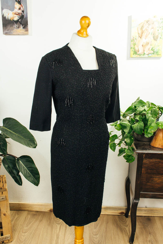 Vintage Abendkleid schwarz + Perlen 50er 60er Abendmode Frau M 40-42 Rockabilly schwarz Special vintageberlin.de
