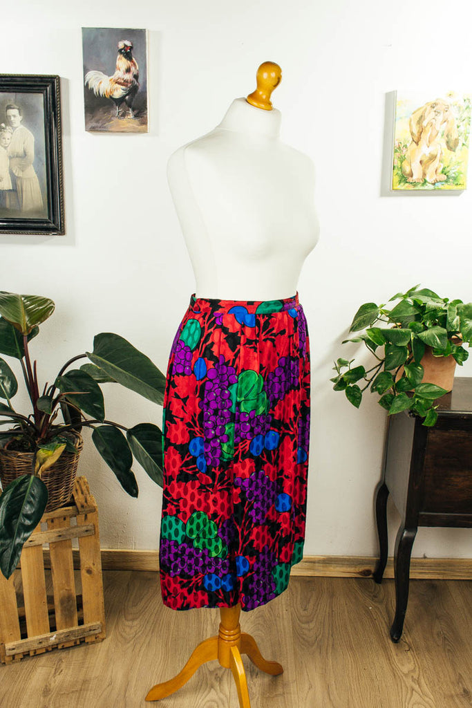 bunter Seidenrock Obstmuster 80er Boho bunt Frau M 40-42 Rockabilly S 36-38 Sekretärin Special vintageberlin.de
