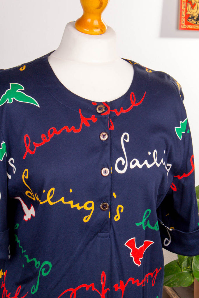 90s Shirt blau Muster 90er blau bunt Frau L 44-46 M 40-42 vintageberlin.de