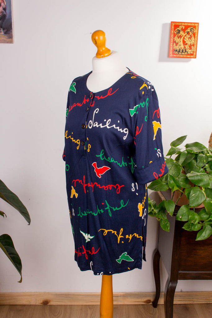 90s Shirt blau Muster 90er blau bunt Frau L 44-46 M 40-42 vintageberlin.de