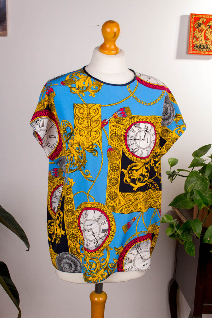 Vintage Top Uhrenmuster 90er bunt Frau M 40-42 S 36-38 vintageberlin.de