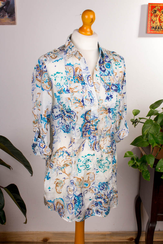 Seidenbluse blau Muster 90er blau Boho Frau S 36-38 vintageberlin.de