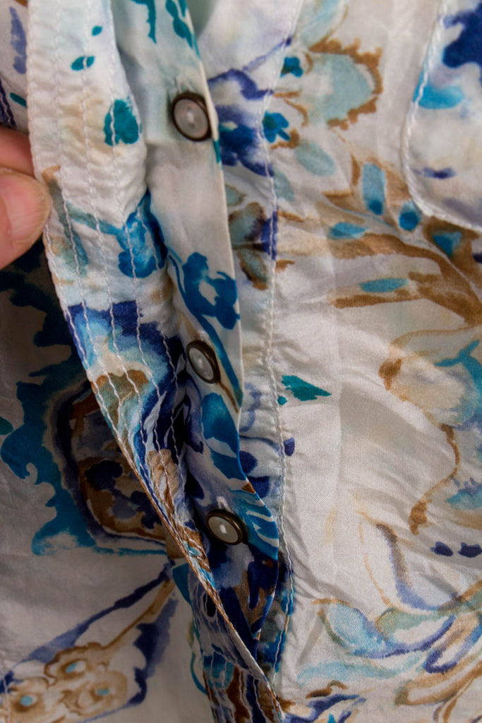 Seidenbluse blau Muster 90er blau Boho Frau S 36-38 vintageberlin.de