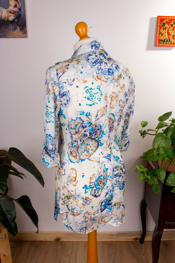 Seidenbluse blau Muster 90er blau Boho Frau S 36-38 vintageberlin.de