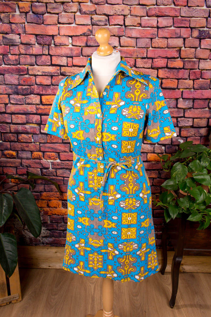 60s Discokleid 8bit Muster Default Title 60er 70er blau bunt Disco Frau M 40-42 real-disco Schlager Special vintageberlin.de