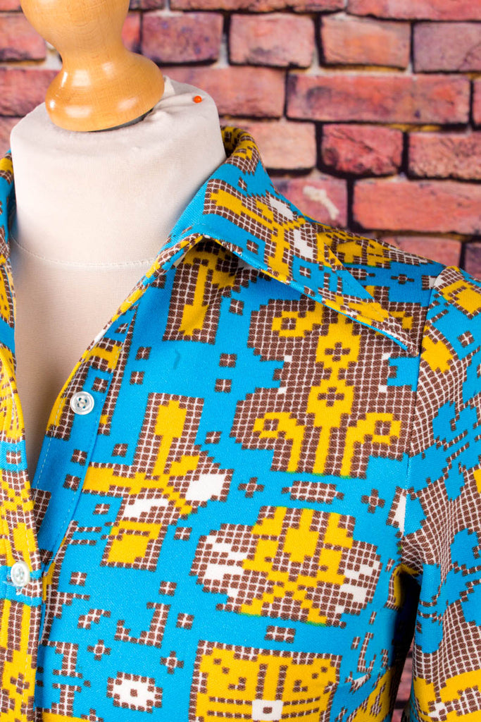 60s Discokleid 8bit Muster 60er 70er blau bunt Disco Frau M 40-42 real-disco Schlager Special vintageberlin.de