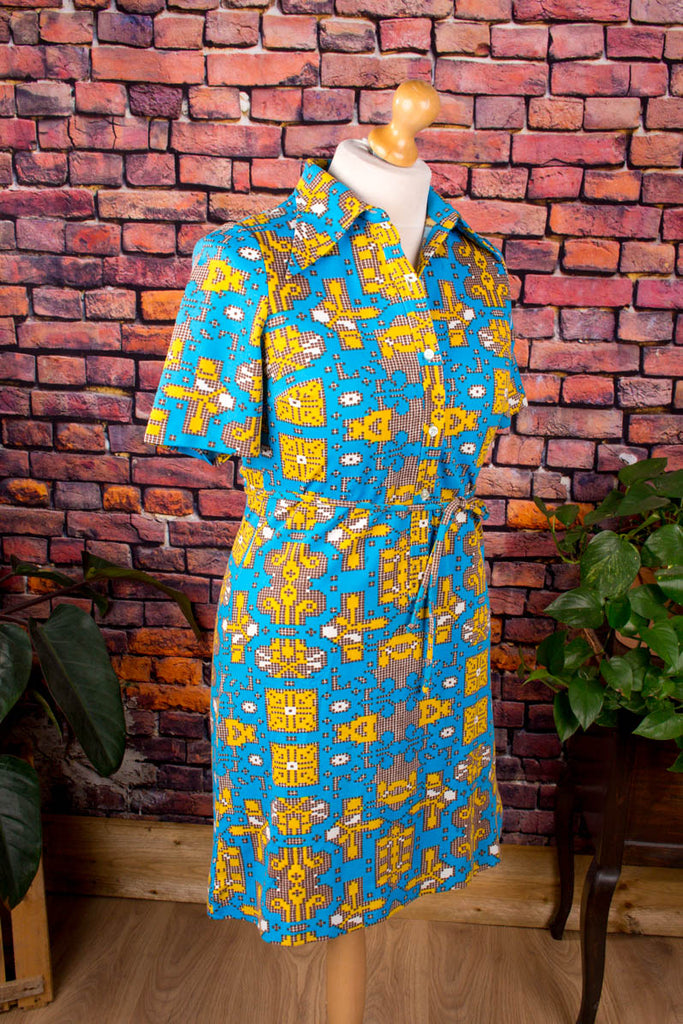 60s Discokleid 8bit Muster 60er 70er blau bunt Disco Frau M 40-42 real-disco Schlager Special vintageberlin.de