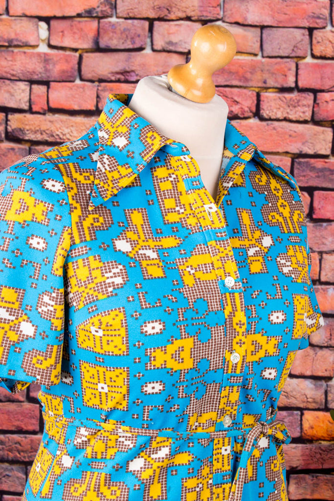60s Discokleid 8bit Muster 60er 70er blau bunt Disco Frau M 40-42 real-disco Schlager Special vintageberlin.de
