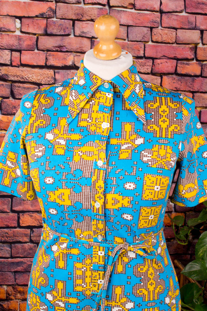 60s Discokleid 8bit Muster 60er 70er blau bunt Disco Frau M 40-42 real-disco Schlager Special vintageberlin.de