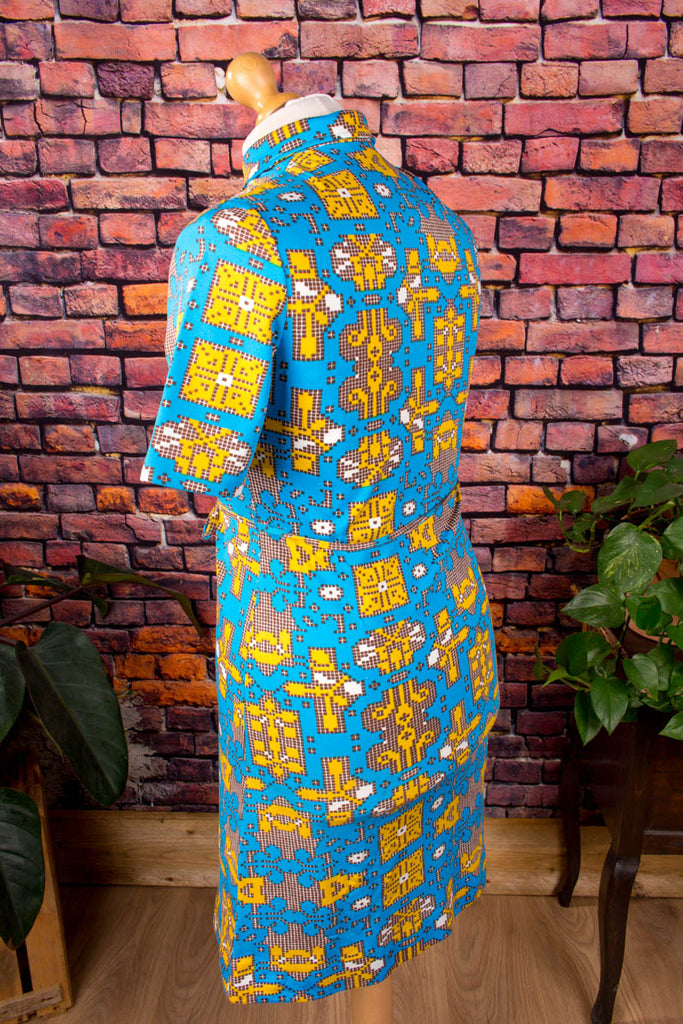 60s Discokleid 8bit Muster 60er 70er blau bunt Disco Frau M 40-42 real-disco Schlager Special vintageberlin.de