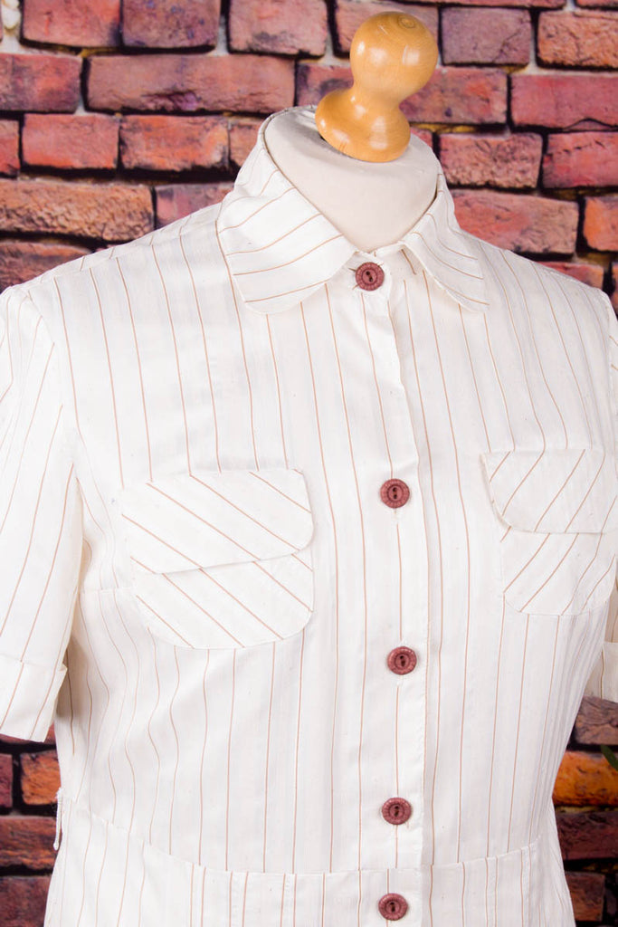 Vintage Kleid creme Streifen 70er 80er beige Disco Frau Hochzeit M 40-42 Sekretärin Special weiß vintageberlin.de