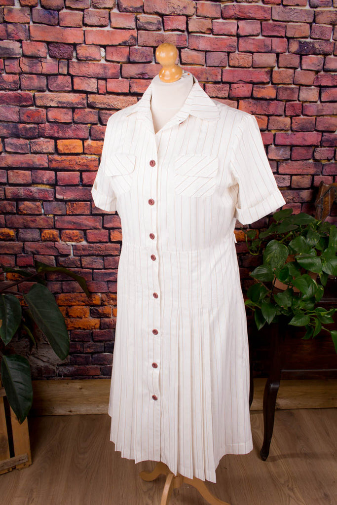 Vintage Kleid creme Streifen 70er 80er beige Disco Frau Hochzeit M 40-42 Sekretärin Special weiß vintageberlin.de