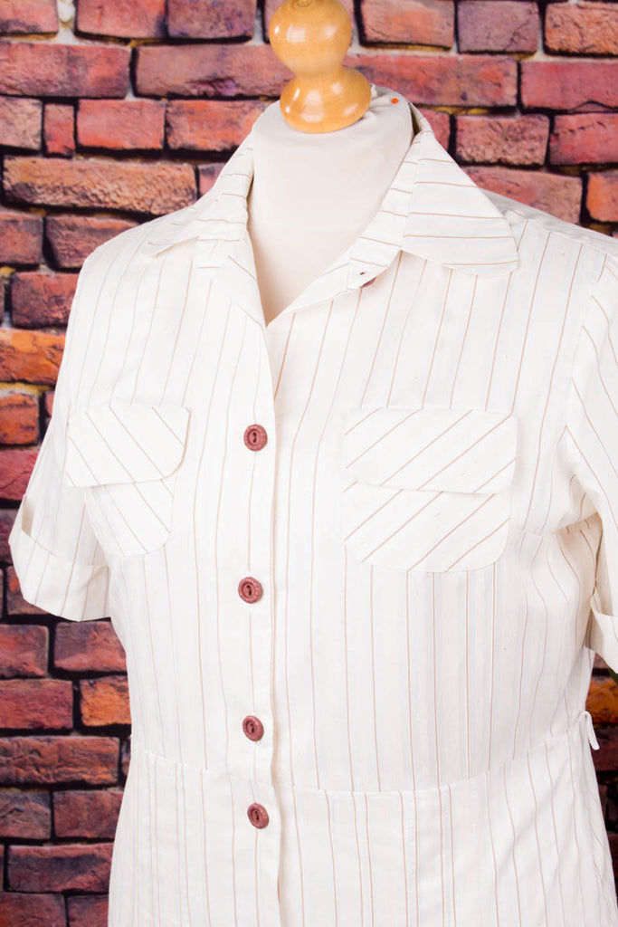 Vintage Kleid creme Streifen 70er 80er beige Disco Frau Hochzeit M 40-42 Sekretärin Special weiß vintageberlin.de