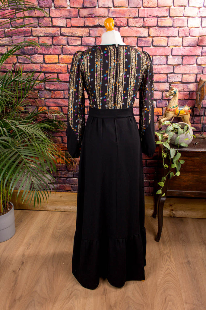 Hippie Kleid schwarz + gold Brokat 60er 70er Abendmode Boho bunt Frau gold Hippie real-boho S 36-38 Schlager schwarz Special XS 32-34 vintageberlin.de