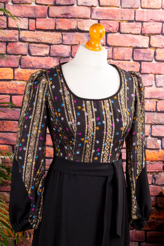 Hippie Kleid schwarz + gold Brokat 60er 70er Abendmode Boho bunt Frau gold Hippie real-boho S 36-38 Schlager schwarz Special XS 32-34 vintageberlin.de