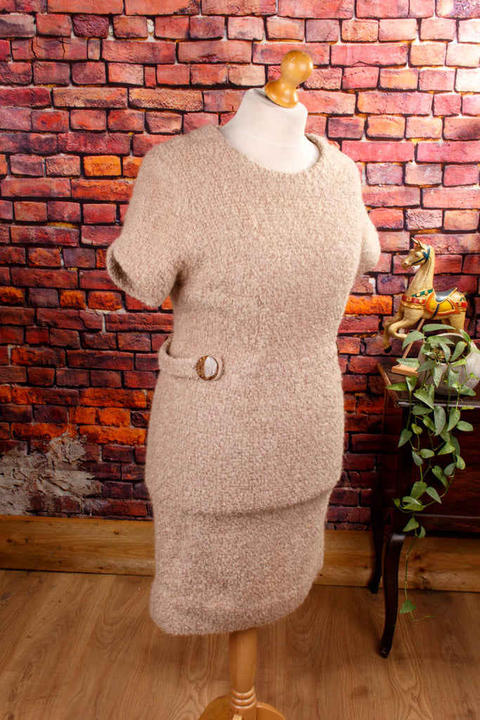 Vintage Wollkleid beige Frottee 50er 60er beige braun Frau M 40-42 real-rockabilly Rockabilly Sekretärin Special vintageberlin.de