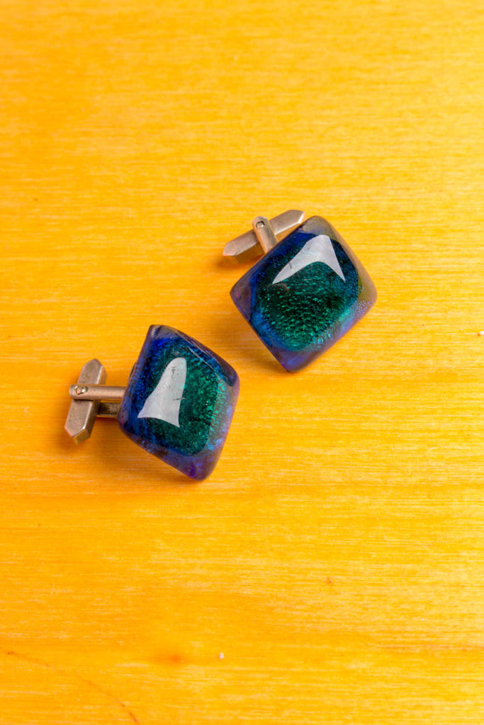 Manschettenknöpfe grün blau Glas 60er 70er Accessoires blau Dandy grün Manschettenknopf Schlager silber Special vintageberlin.de